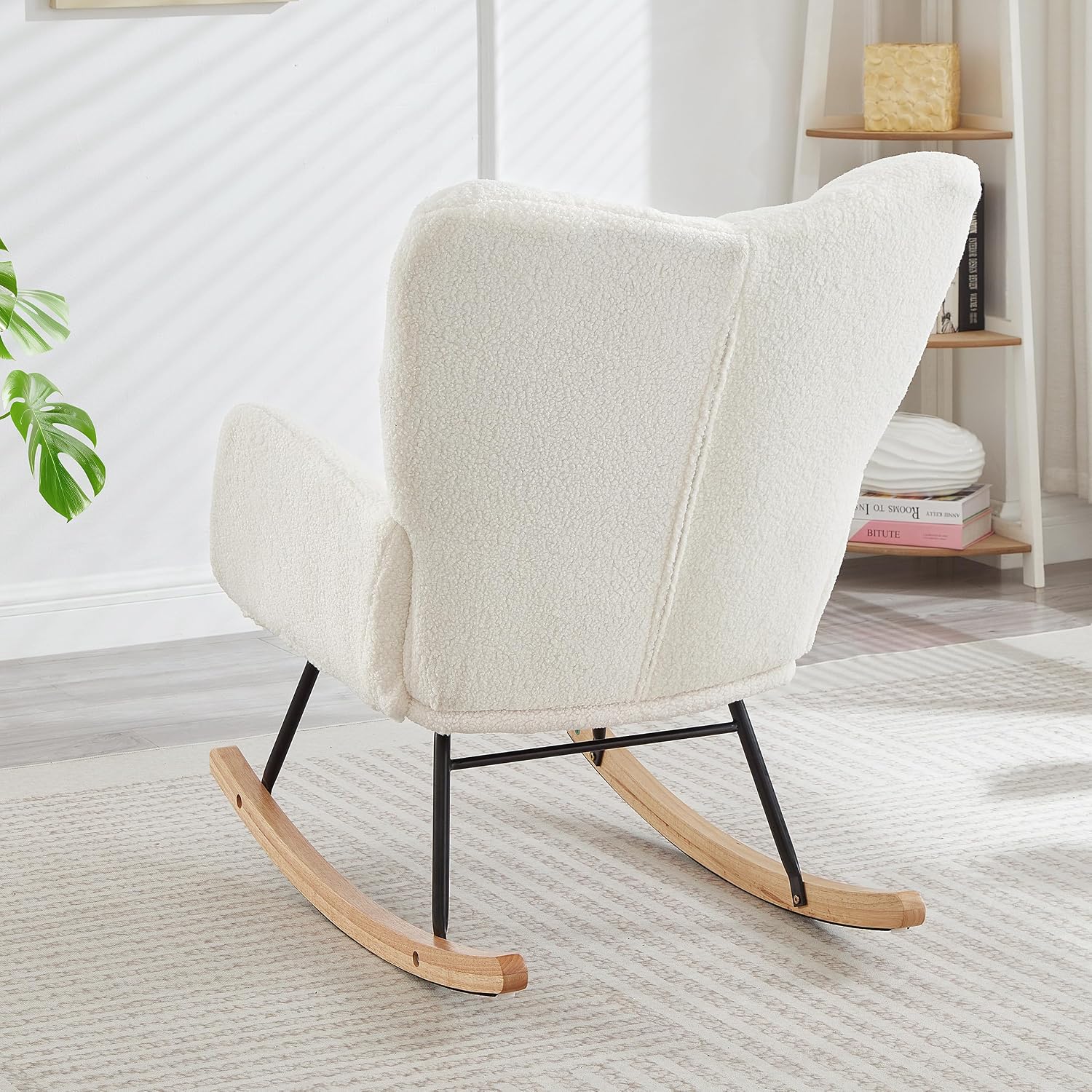 37.2" H Glider Rocking Chair Upholstered with Teddy Fabric, Indoor Rocking Chair with Armrests & Metal Frame (Ivory)