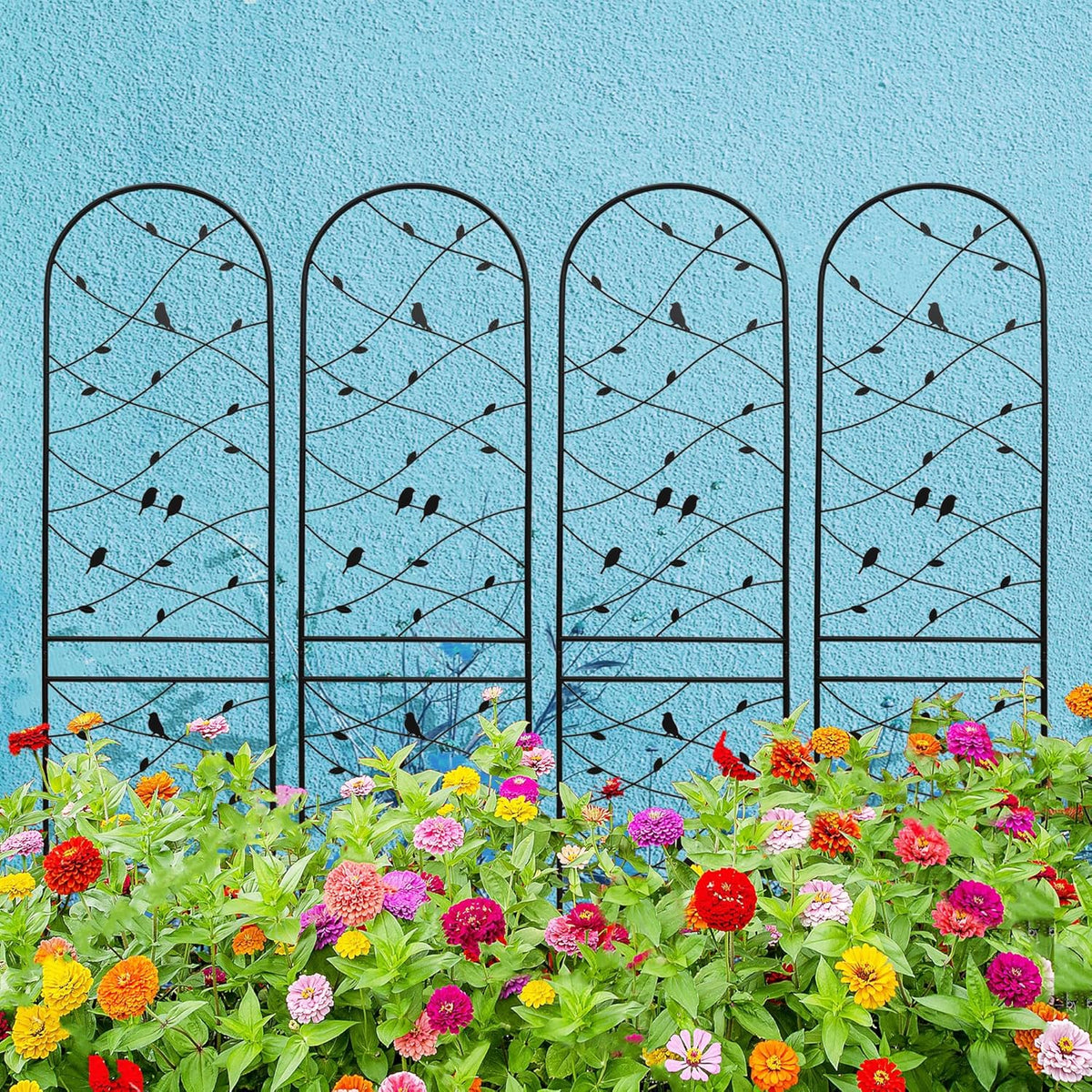 4 Pack Metal Garden Trellis 86.7" Tall Outdoor Climbing Plant Support for Roses, Flowers, Rustproof Durable Black Galvanized Tube, Lawn Garden Fence Decor Screen (4, Black birds-86.7" H)
