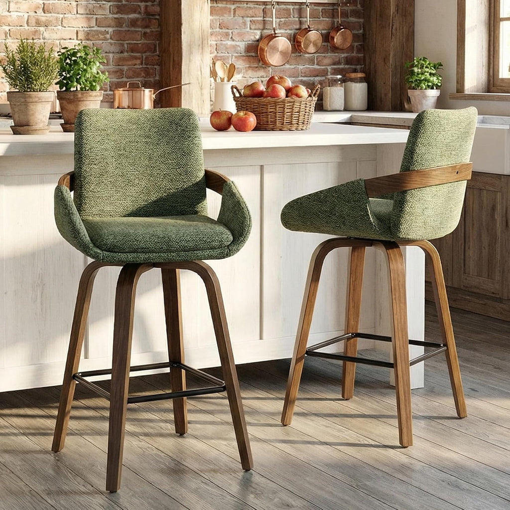 26" Swivel Counter Height Bar Stools Set of 3, Moss Green | Walnut Bentwood Back, Linen-Texture Fabric, Mid-Century Modern Style, 360° Swivel, 350 LBS Weight Capacity