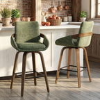 26" Swivel Counter Height Bar Stools Set of 3, Moss Green | Walnut Bentwood Back, Linen-Texture Fabric, Mid-Century Modern Style, 360° Swivel, 350 LBS Weight Capacity
