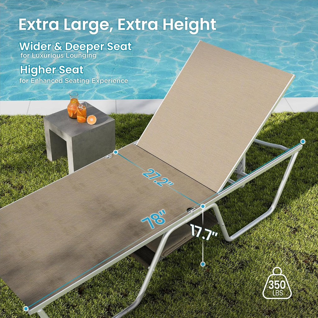 PHI VILLA 78" Oversized Outdoor Chaise Lounge Chair, 27" Extra Wide, 5-Position Adjustable, UV50+ Textilene Mesh, Rust-Proof Frame, Brown