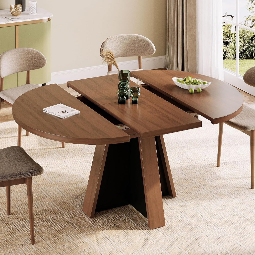 iPormis 43.3in-59in Extendable Round Dining Table for 4-6, Modern Wooden Kitchen Table for Dining Room, Adjustable Size Oval Circle Dinner Tables Furniture for Kitchen Living Room, Walnut Brown