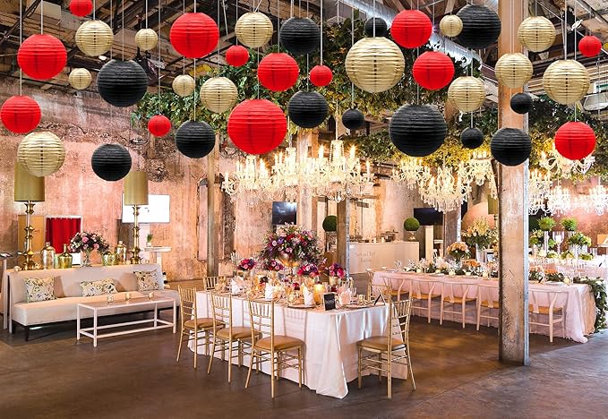 ADLKGG Paper Lanterns Decorations, Red Black Gold Hanging Round Paper Lanterns for Graduation, BBQ Party Supplies, Mickey Mouse Themed Birthday, Pirate Theme Casino Poker Party Decor Set of 21