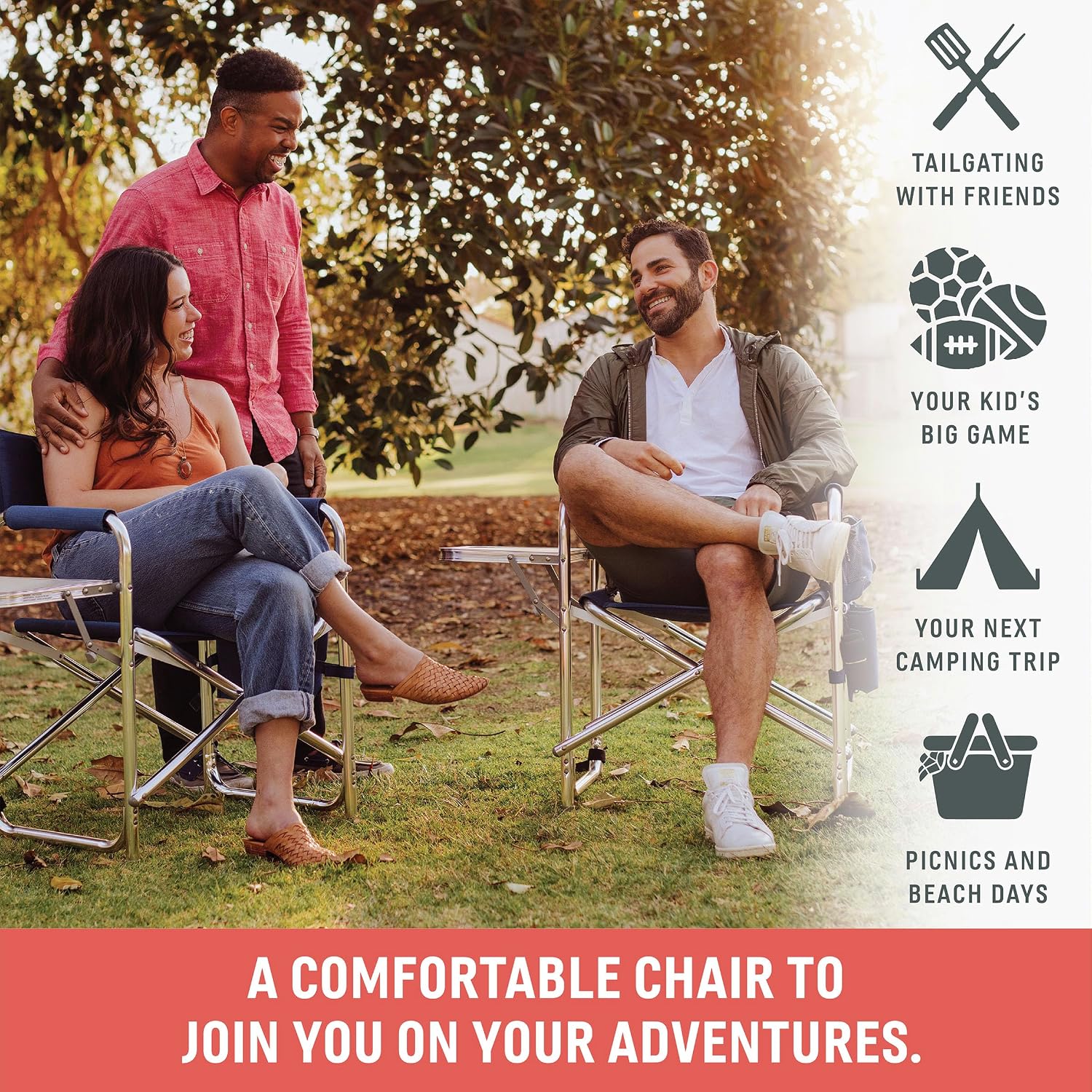 PICNIC TIME Sports Chair with Side Table and Armrest Caddy, Lightweight Aluminum Folding Outdoor Camping Chair for Adults, Portable Director Style Lawn Seating with Pockets & Carry Strap, (Black)