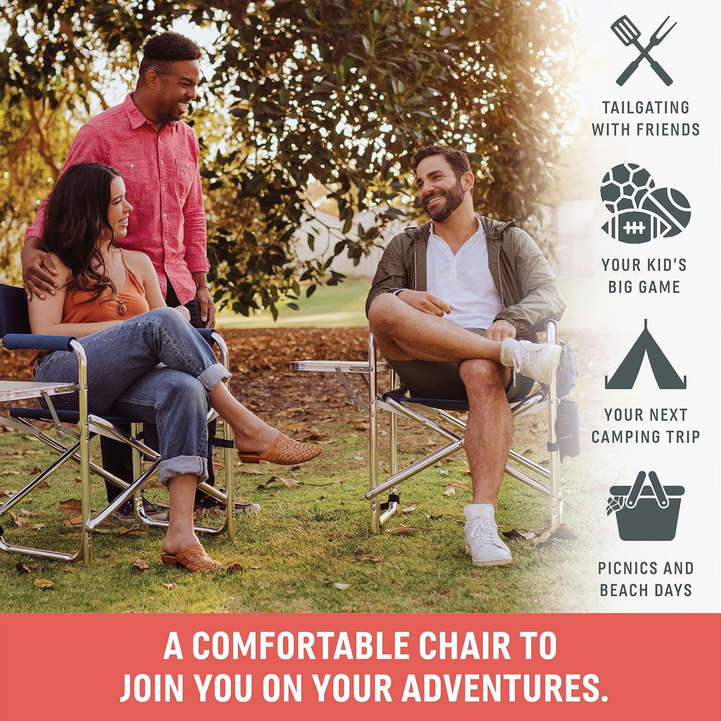 Picnic TIME Sports Chair with Side Table and Armrest Caddy, Lightweight Aluminum Folding Outdoor Camping Chair for Adults, Portable Director Style Lawn Seating, (Marine Stripe with Navy Blue Frame)