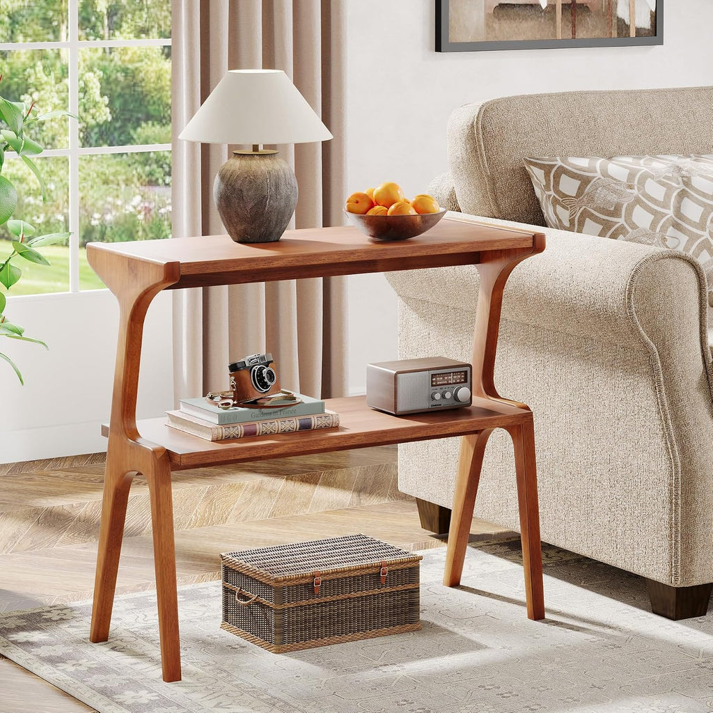 Tribesigns Set of 2 Solid Wood Side Table, 2-Tier Couch End Table with Storage Shelves, Mid-Century Modern Sofa End Table with Cute Legs, Wooden Bedside Table for Bedroom, Living Room, Cherry