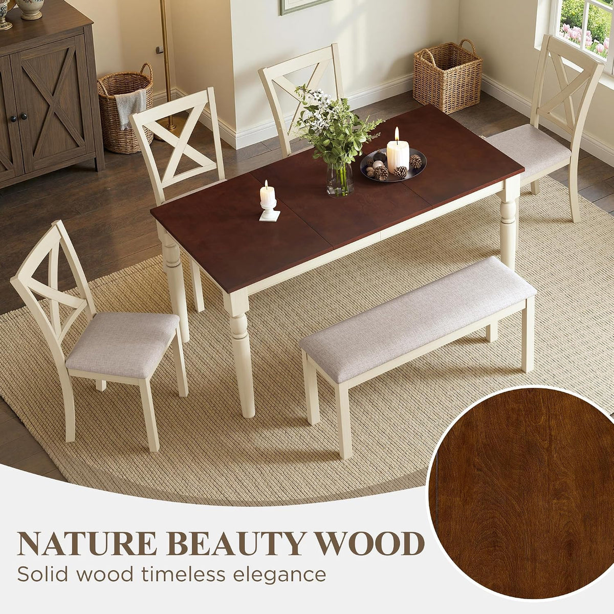LUXOAK 6 Piece Solid Wood Dining Table Set with 60" Farmhouse Table | Solid Wood Table, 4 Upholstered Chairs, Bench Included, Seating for 6, Cream White Finish