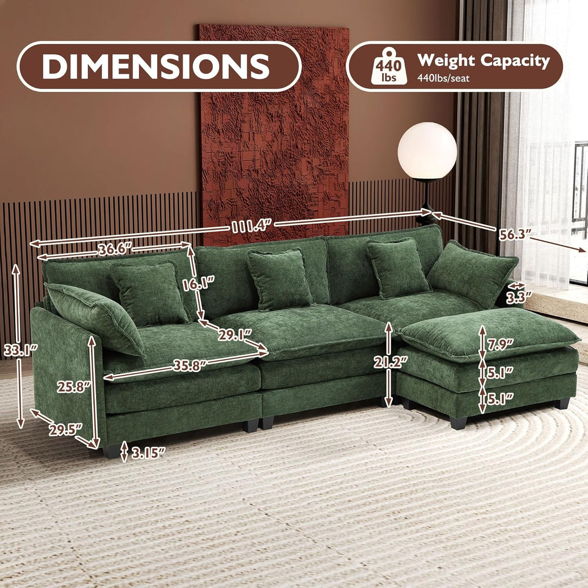 Ihanherry 111.4" L Shaped Modern Sofa Modular Sectional Cloud Couch with Ottoman, 4-Seat Chenille Deep Seat Sofa with Pillow for Living Room, Bedroom and Apartment, Green