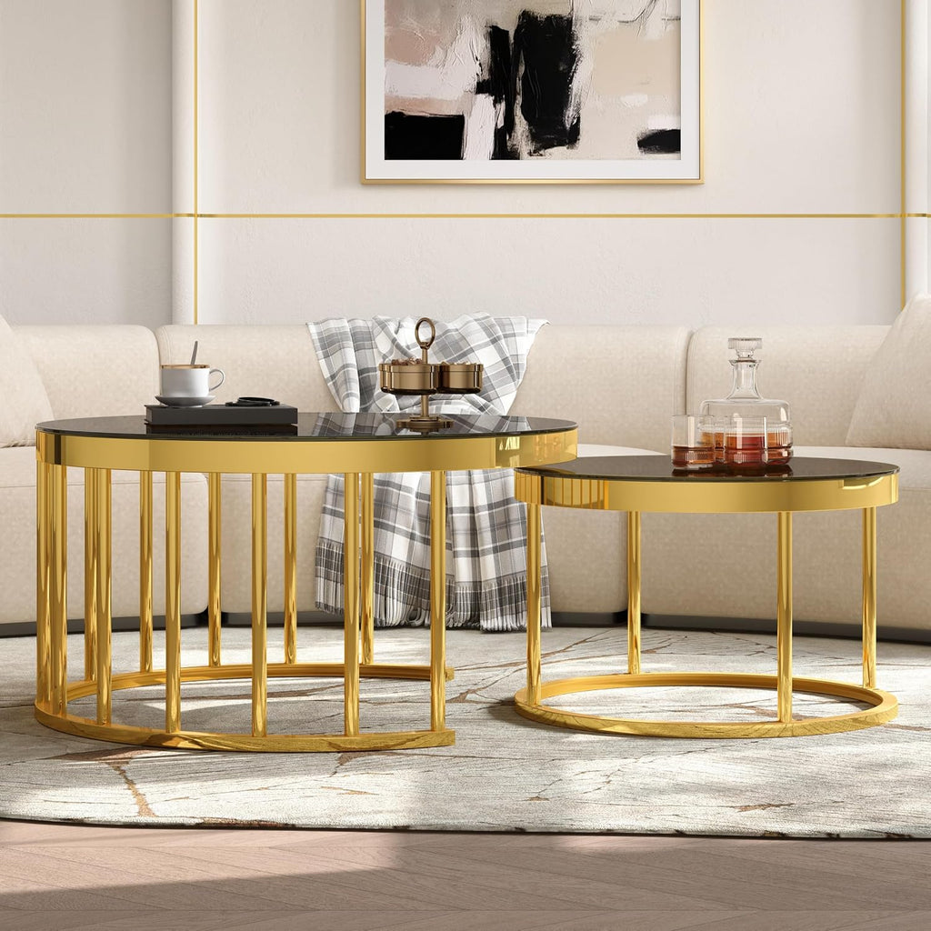 Round Nesting Coffee Table Set of 2 with Gold Frame & Mirrored Top, Black | Modern Circular Cocktail Tables with Tempered Glass, Space-Saving for Living Room & Apartment