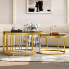 Round Nesting Coffee Table Set of 2 with Gold Frame & Mirrored Top, Black | Modern Circular Cocktail Tables with Tempered Glass, Space-Saving for Living Room & Apartment