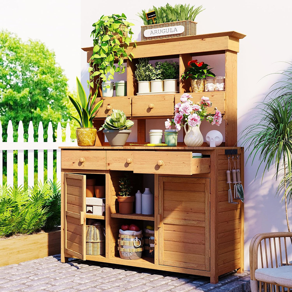 66" Durable Fir Wood Freestanding Storage Chest, Accent Cabinets with Multiple Drawers, Utility Organizer with Anti-Tipping for Patio Mudroom Greenhouse, Natural