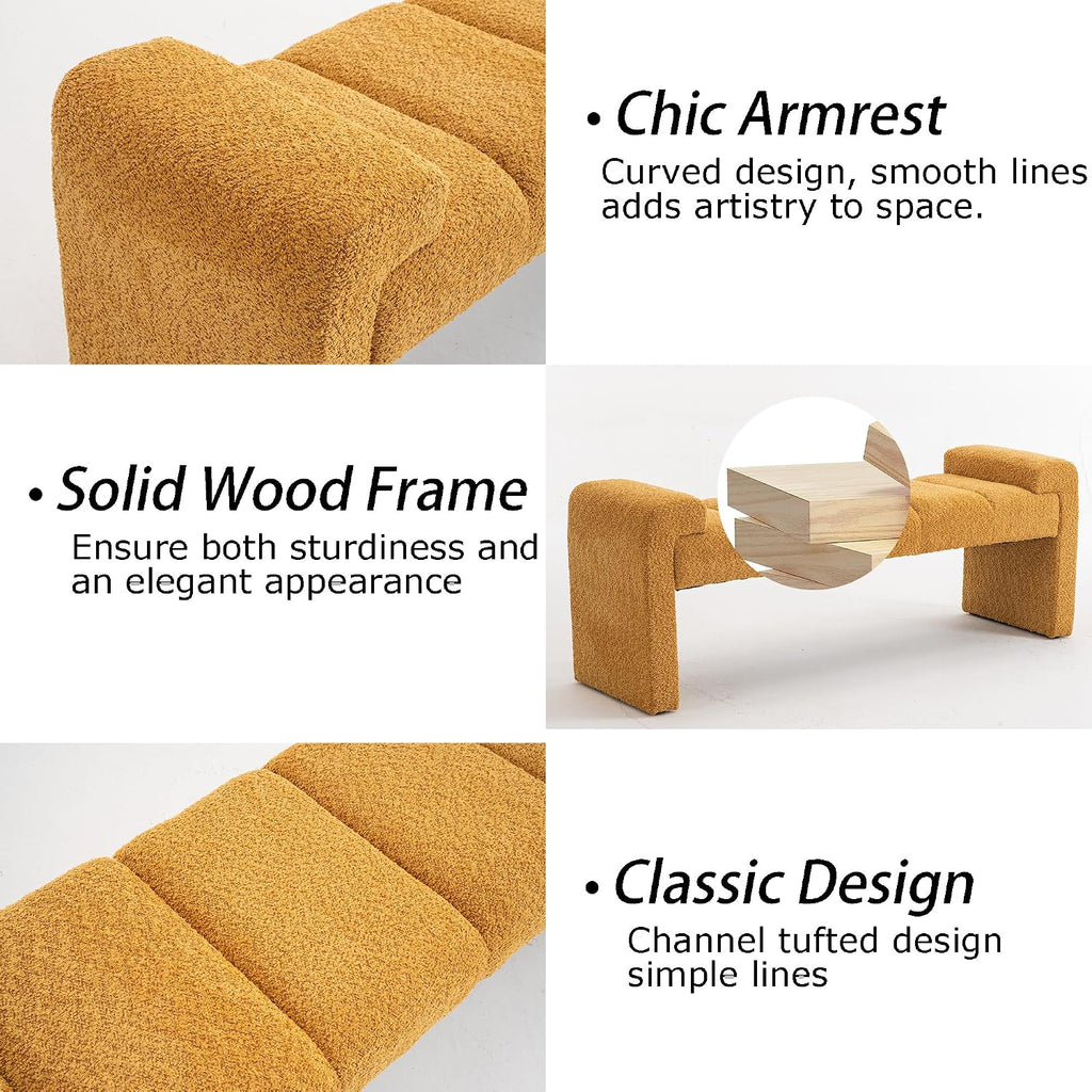 Boucle End of Bed Bench Upholstered Modern Bedroom Bench Channel Tufted Window Bench Comfy Long Ottoman for Living Room/Hallway/Indoor (Mustard, 60" Curved Arm)