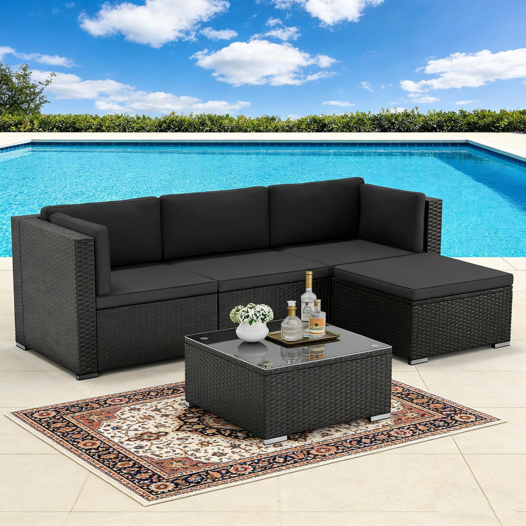SUNCROWN 5-Piece Outdoor Patio Furniture Set, All-Weather PE Rattan Sectional Sofa with Ottoman, Glass Coffee Table & Cushions, Modular Wicker Conversation Set for Backyard, Garden, Porch, Dark Grey
