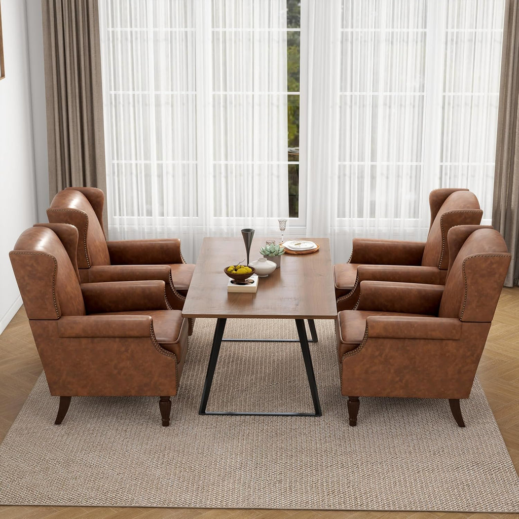 PU Leather High Back Accent Chair, Upholstered Armchair with Solid Wood Legs, Comfy Wingback Reading Single Sofa Chair for Small Spaces, Living Room, Bedroom(Leather Brown, Set of 2)