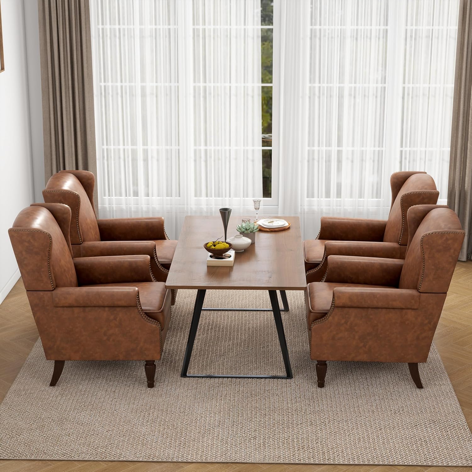 PU Leather High Back Accent Chair, Upholstered Armchair with Solid Wood Legs, Comfy Wingback Reading Single Sofa Chair for Small Spaces, Living Room, Bedroom(Leather Brown, Set of 2)
