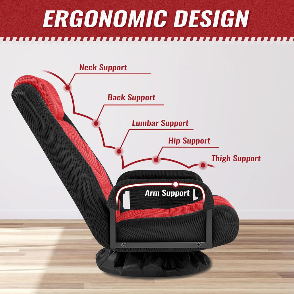Yaheetech Floor Gaming Chair High-Back Swivel Adjustable Folding Seat Red | Foam-padded polyester mesh seat on an iron frame swivels 360°, reclines for gaming or TV, and folds flat for easy storage.