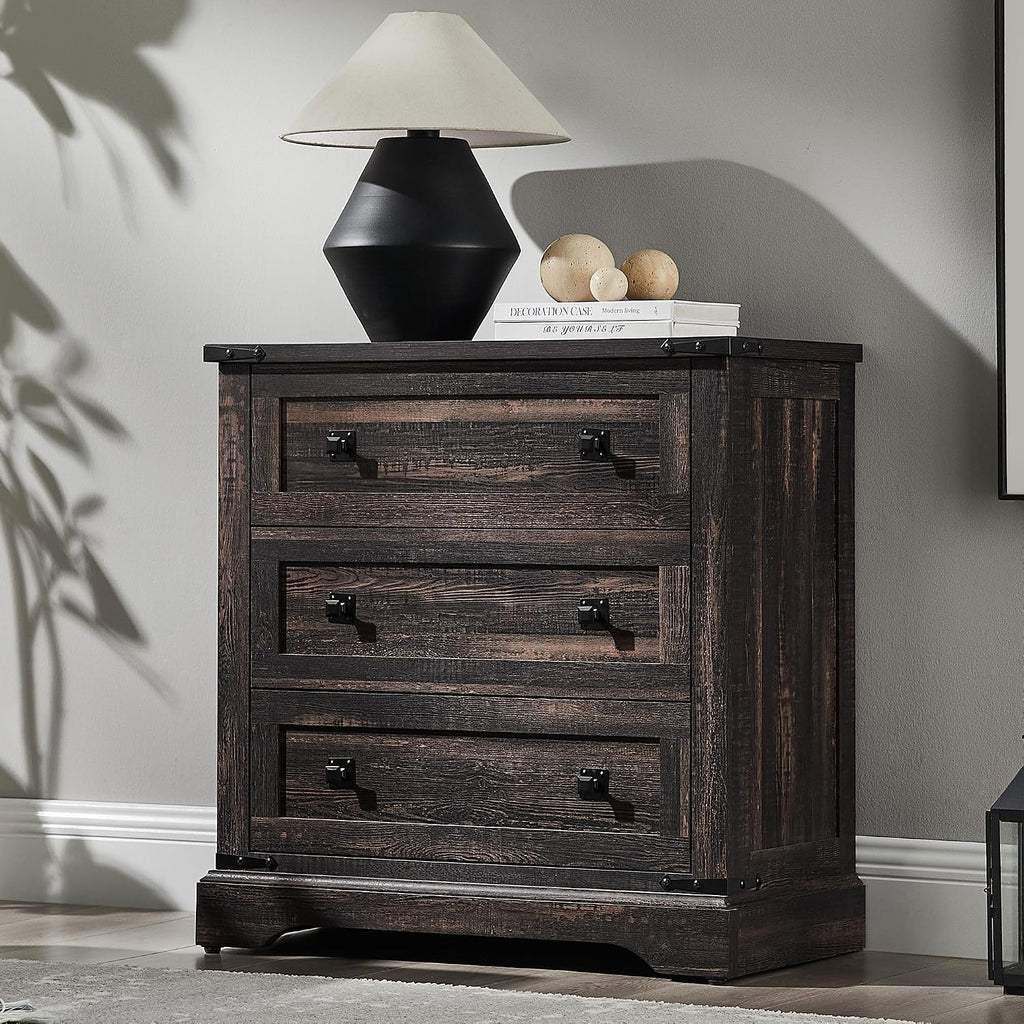 T4TREAM 32" Farmhouse Nightstand with 3 Storage Drawers, Large End Table with Charging Station, Rustic Wood Bedside Table for Bedroom, Living Room, Dark Rustic Oak