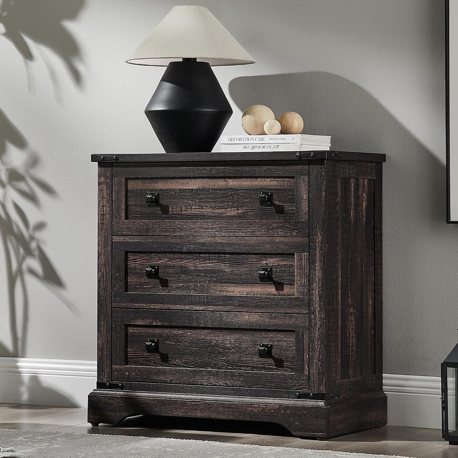 T4TREAM 32" Farmhouse Nightstand with 3 Storage Drawers, Large End Table with Charging Station, Rustic Wood Bedside Table for Bedroom, Living Room, Dark Rustic Oak