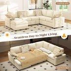 Ihanherry 106-inch Large L-Shaped Sectional Sofa Bed, 7-Seater Convertible Pull Out Sleeper with Storage Ottoman, 4 Pillows & USB Charging Ports, Premium Chenille Fabric for Big Living Room（Beige）
