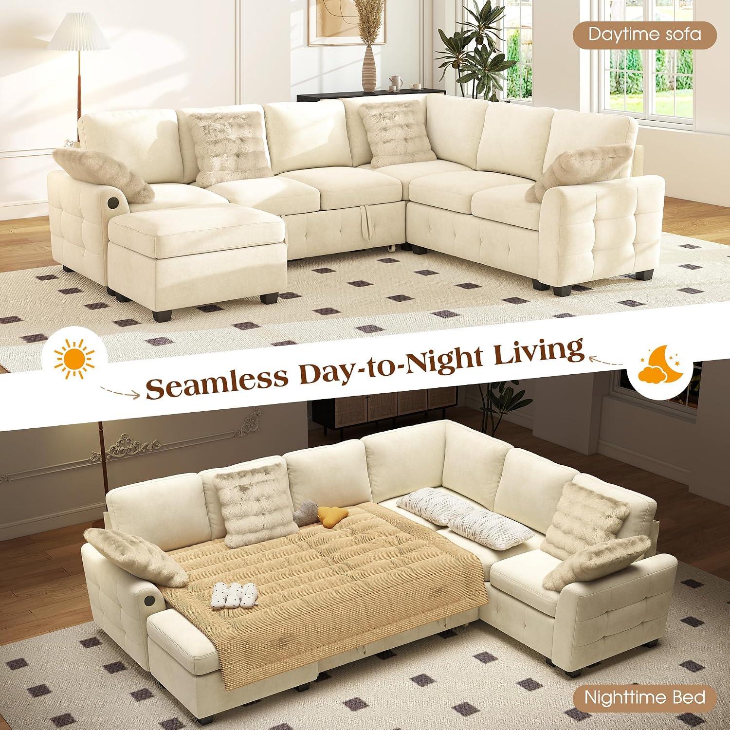 Ihanherry 106-inch Large L-Shaped Sectional Sofa Bed, 7-Seater Convertible Pull Out Sleeper with Storage Ottoman, 4 Pillows & USB Charging Ports, Premium Chenille Fabric for Big Living Room（Beige）