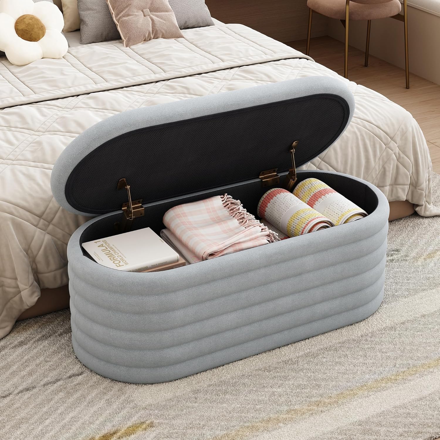 40 inch Upholstered Storage Ottoman Bench,Ready to go,Light Grey
