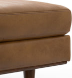 SIMPLIHOME Morrison 49" Wide Genuine Leather Rectangle Ottoman in Caramel | Caramel brown, mid-century modern ottoman with a cushioned top for extra seating, coffee table or footrest.
