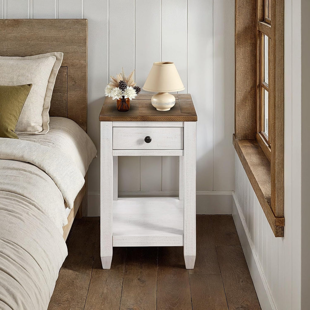 Martin Svensson Home Napa Farmhouse Chairside End Table with Charging Station, Solid Wood Narrow Side Table with Drawer & Shelf, Rustic Accent Table for Living Room or Bedroom. White and Natural.