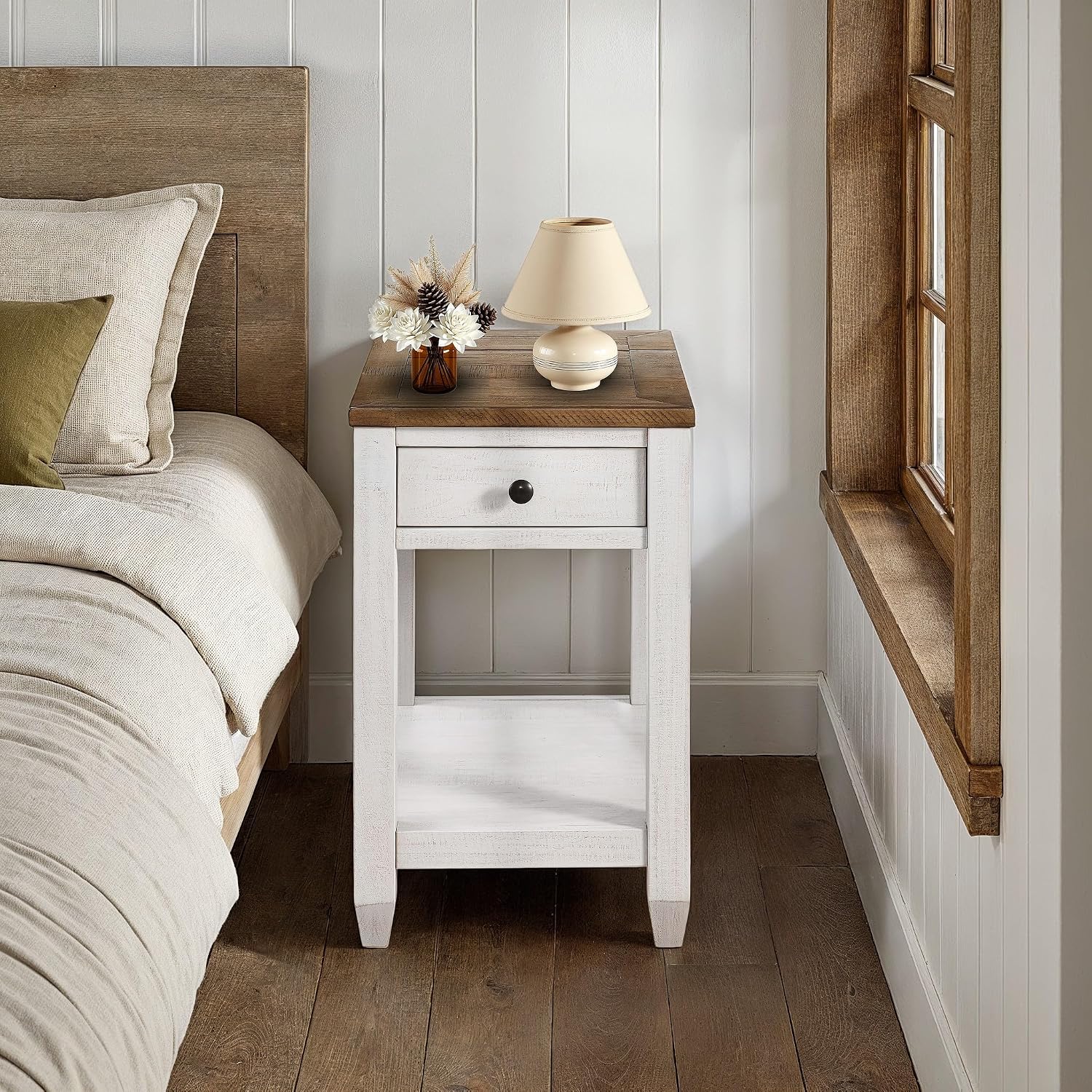 Martin Svensson Home Napa Farmhouse Chairside End Table with Charging Station, Solid Wood Narrow Side Table with Drawer & Shelf, Rustic Accent Table for Living Room or Bedroom. White and Natural.