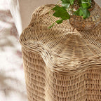 Modway Erika Scalloped Natural Rattan Side Table in Natural – 16 Inch Small Round Accent Stool with Flower-Shaped Top for Living Room, Bedroom, or Covered Patio