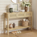 KIGOTY Console Table with Charging Station, Rattan Style Sofa Table Behind The Couch, Farmhouse Entryway Table with 3 Drawers for Hallway, Living Room (Light Yellow, Faux Rattan)