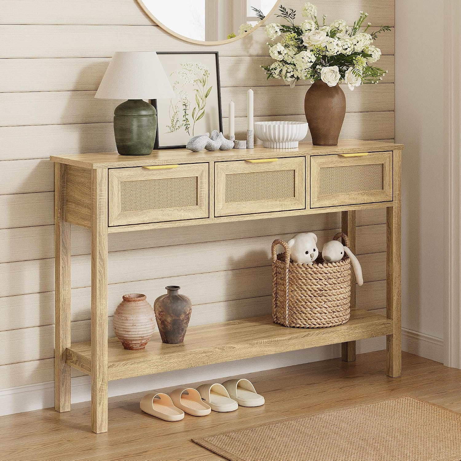 KIGOTY Console Table with Charging Station, Rattan Style Sofa Table Behind The Couch, Farmhouse Entryway Table with 3 Drawers for Hallway, Living Room (Light Yellow, Faux Rattan)