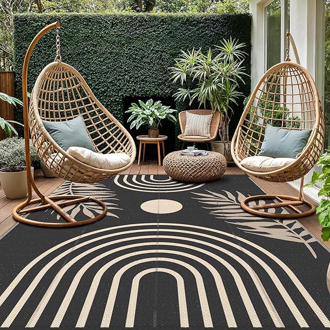 GENIMO Outdoor Rug 8' x 10' Waterproof for Patio Clearance, Reversible Lightweight Plastic Straw Camping Carpet, Large Area Rugs Mats for Rv, Backyard, Deck, Porch, Picnic, Balcony, Mix-Black & Beige