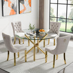 Round Glass Dining Table Set for 4, Small Kitchen Table Set for 4, 47" Circle Gold Glass Dinner Table for 4 with Beige Velvet Chairs, 5 Piece Dining Room Table Set for 4 for Breakfast Dinette Cafe