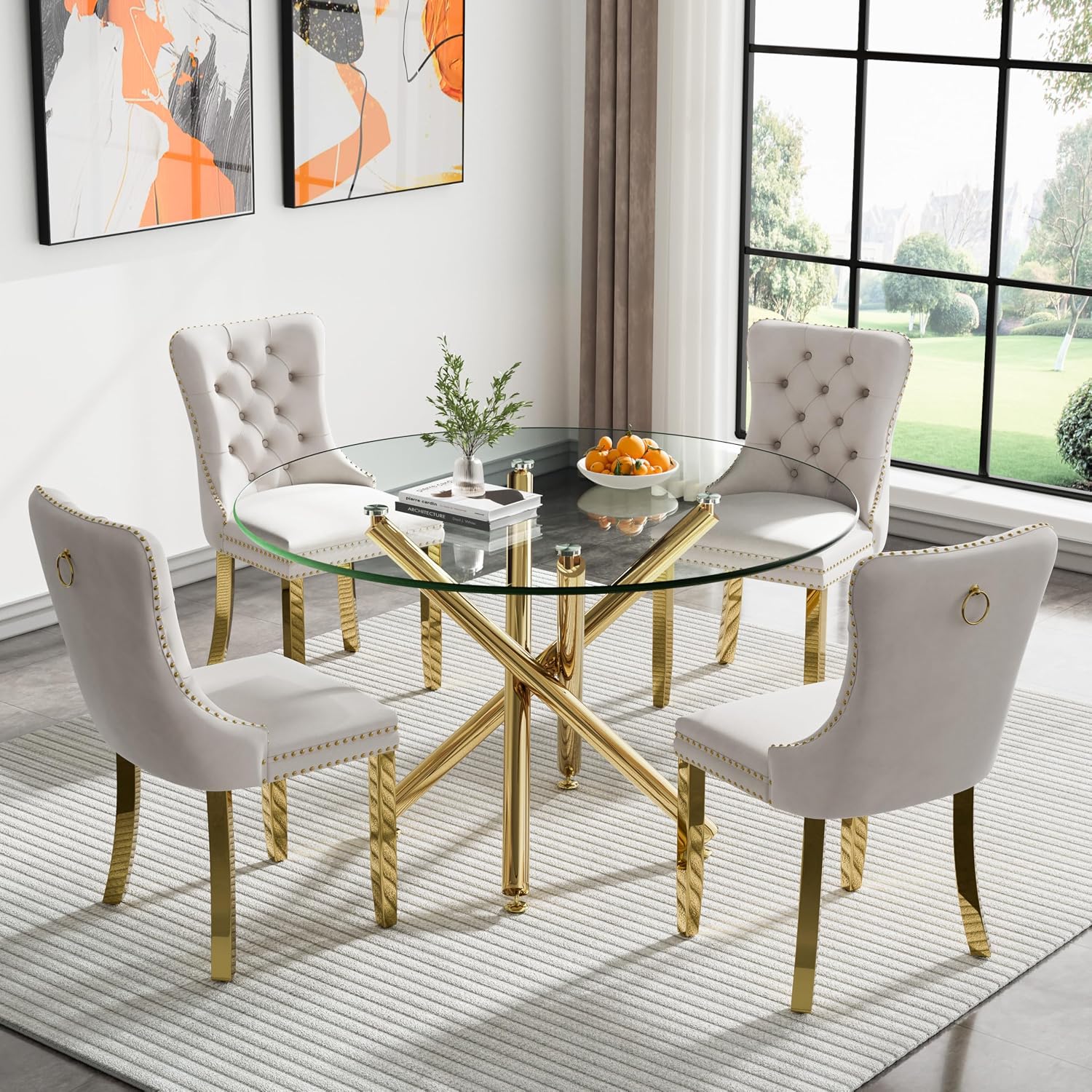Round Glass Dining Table Set for 4, Small Kitchen Table Set for 4, 47" Circle Gold Glass Dinner Table for 4 with Beige Velvet Chairs, 5 Piece Dining Room Table Set for 4 for Breakfast Dinette Cafe