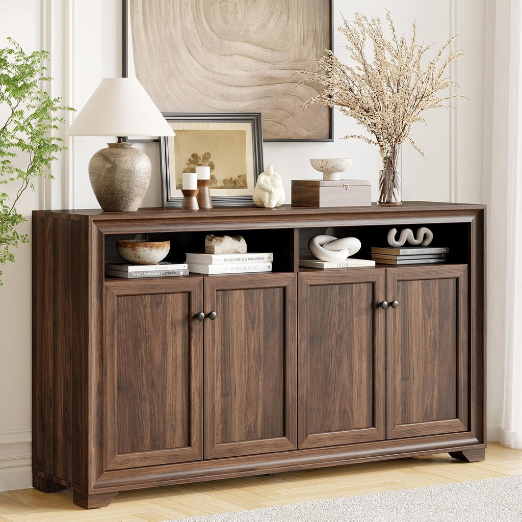 ONBRILL 60 Inches Sideboard Buffet Cabinet with Storage, 4 Doors Large Sideboard, Kitchen Cabinet with Open Shelf & Adjustable Shelf, Kitchen Coffee Bar Console Table for Living Room, Hallway, Brown