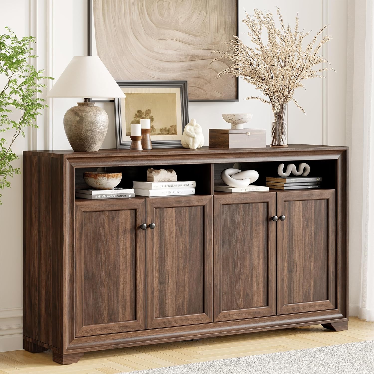 ONBRILL 60 Inches Sideboard Buffet Cabinet with Storage, 4 Doors Large Sideboard, Kitchen Cabinet with Open Shelf & Adjustable Shelf, Kitchen Coffee Bar Console Table for Living Room, Hallway, Brown