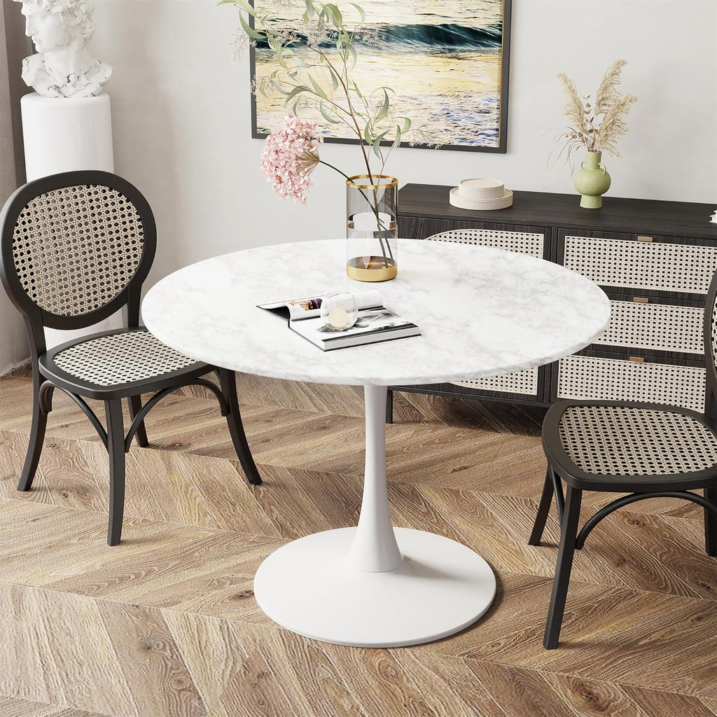 DKLGG White Marble Round Dining Table, 39.1" Tulip Kitchen Dining Table for 4-5 People with MDF Table Top & Pedestal Base, Mid-Century End Living Room Table