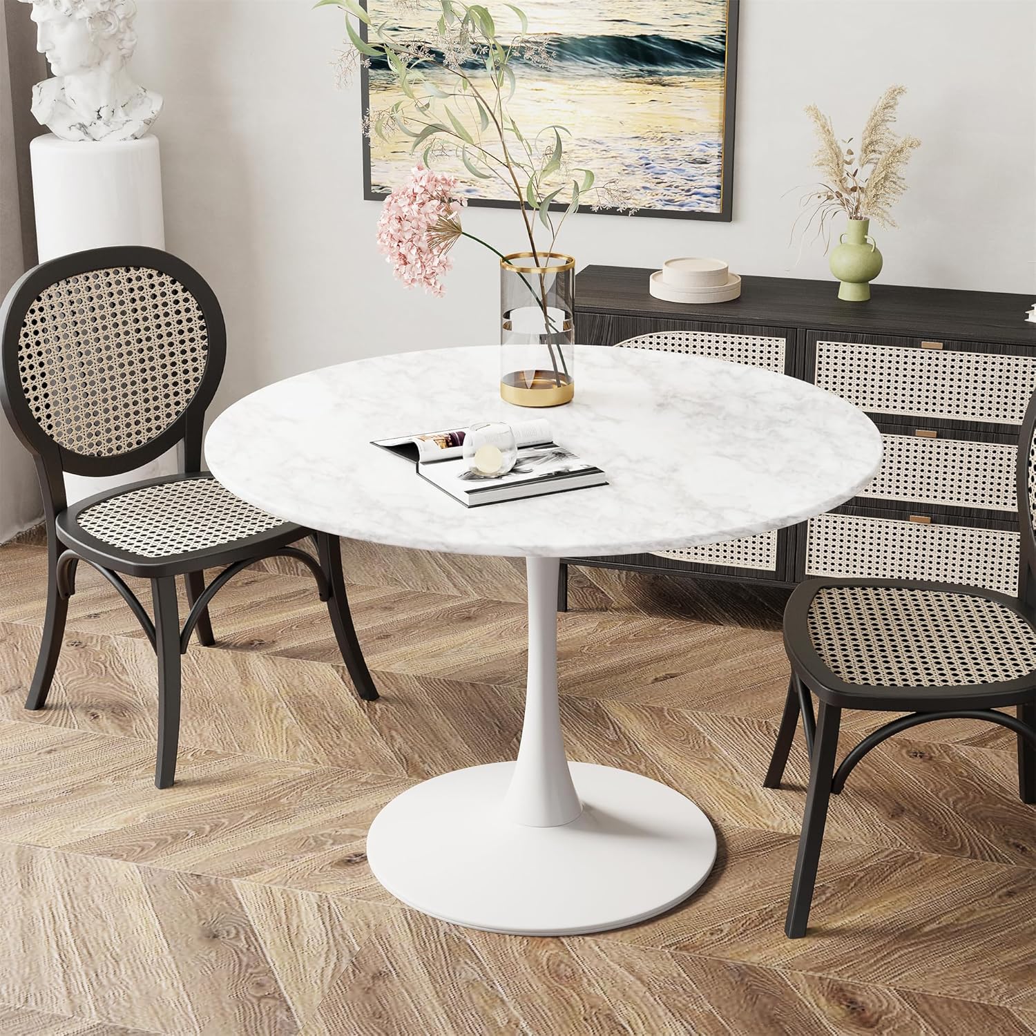 DKLGG White Marble Round Dining Table, 39.1" Tulip Kitchen Dining Table for 4-5 People with MDF Table Top & Pedestal Base, Mid-Century End Living Room Table