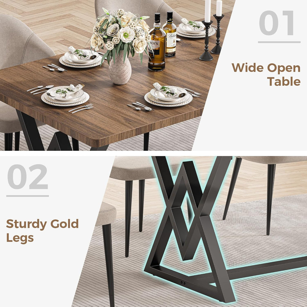 IRONCK 63" Dining Table for 4-6, Modern Rectangular Kitchen Table with Sturdy Metal Frame & Geometric Legs for Dining Room, Easy Clean-Brown