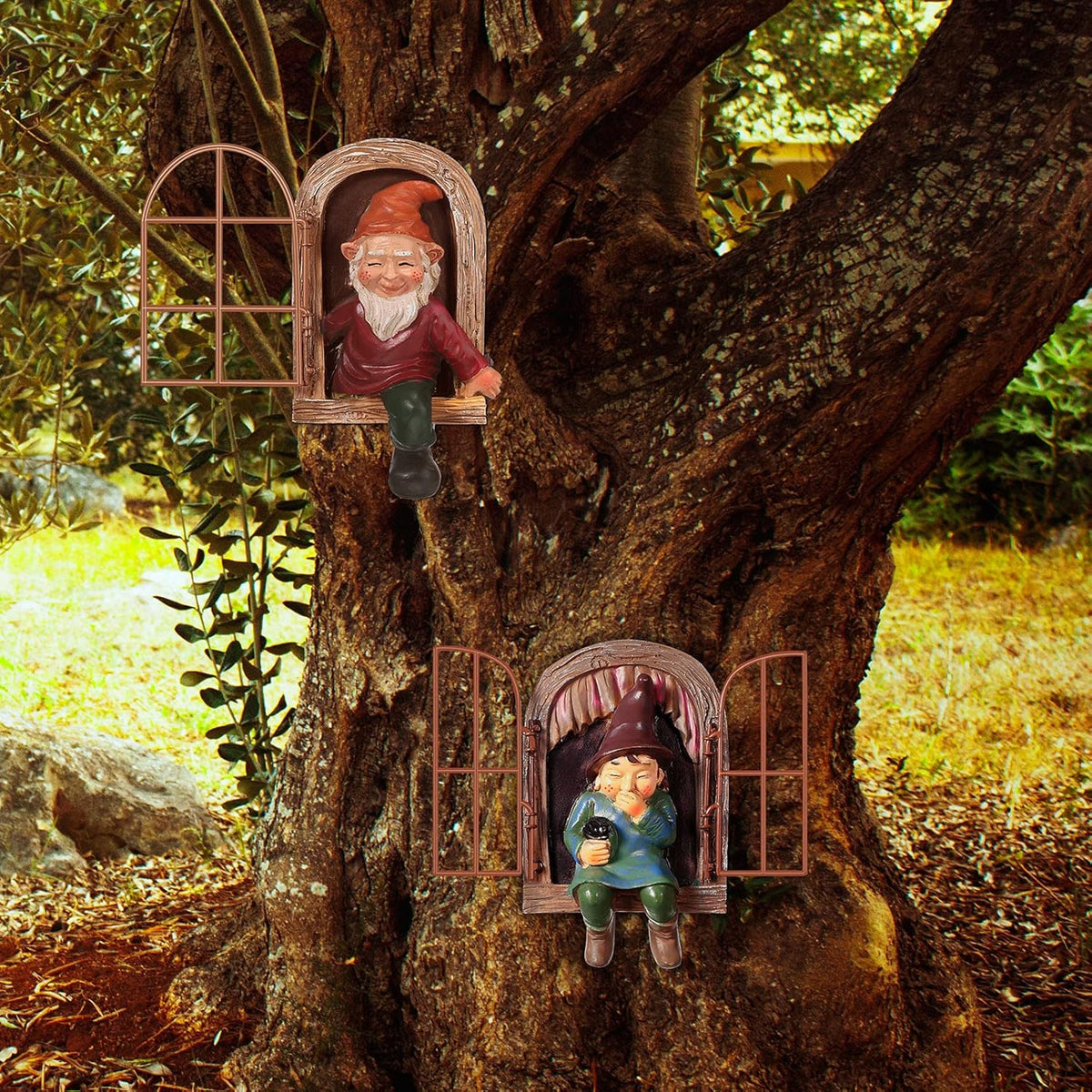 Jetec 2 Pieces Garden Gnome Statue Elf Out The Door Tree Hugger Garden Peeker Yard Art Tree Sculpture Gnome Decoration Outdoor for Patio Yard Lawn Porch Ornament (Classic Style)