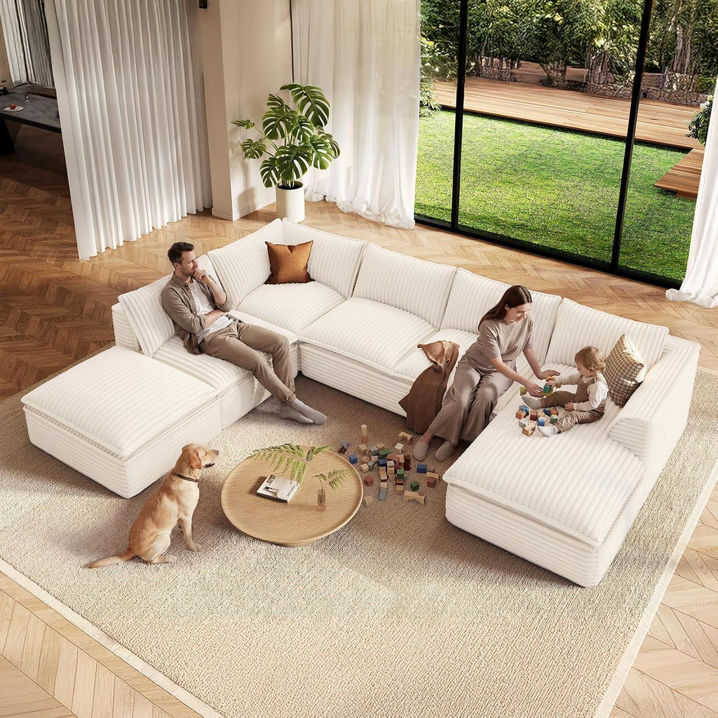 Vesgantti 7 Seater Plush Corduroy Couch, 141.7" Large Sofa, Beige | Oversized Modular Sectional Couch with Chaise & Ottoman, Deep Seat Cloud Sofa for Living Room, No Assembly Compressed Sofa