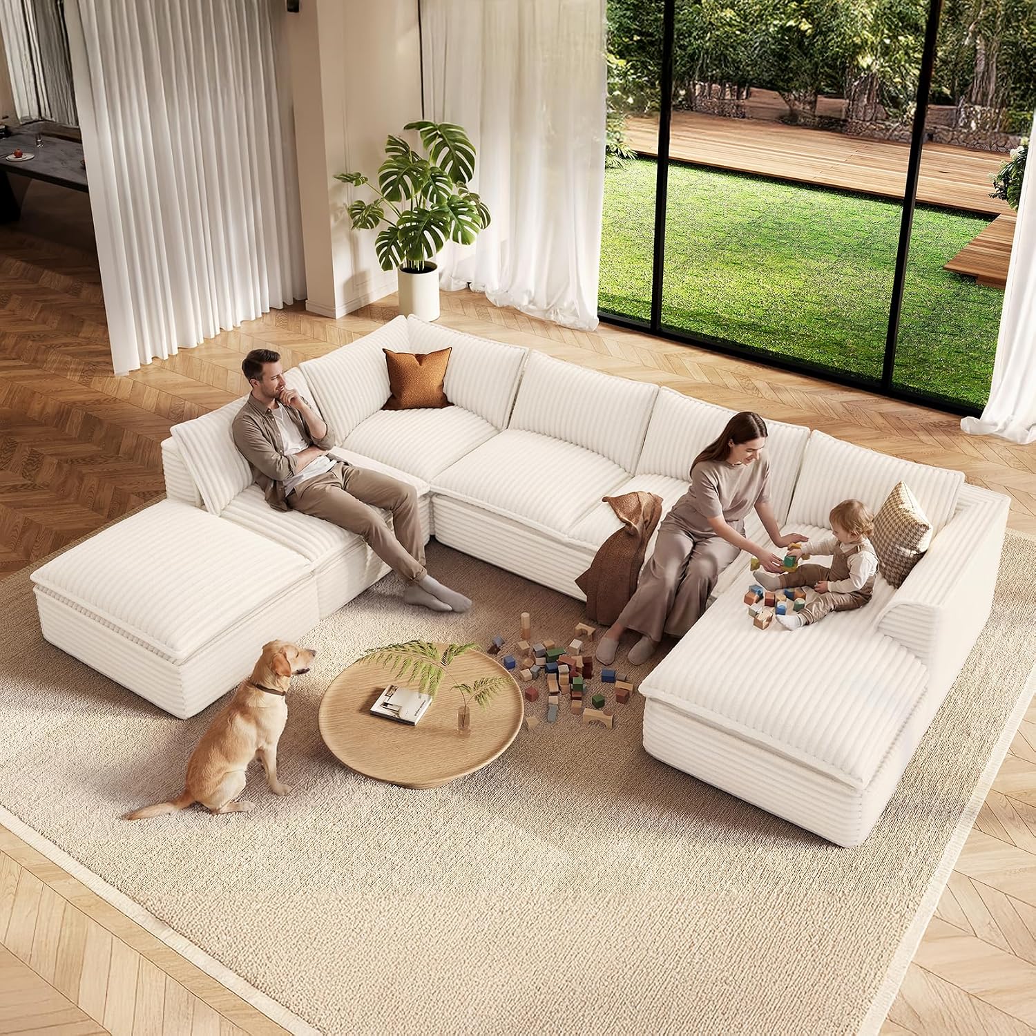 Vesgantti 7 Seater Plush Corduroy Couch, 141.7" Large Sofa, Beige | Oversized Modular Sectional Couch with Chaise & Ottoman, Deep Seat Cloud Sofa for Living Room, No Assembly Compressed Sofa