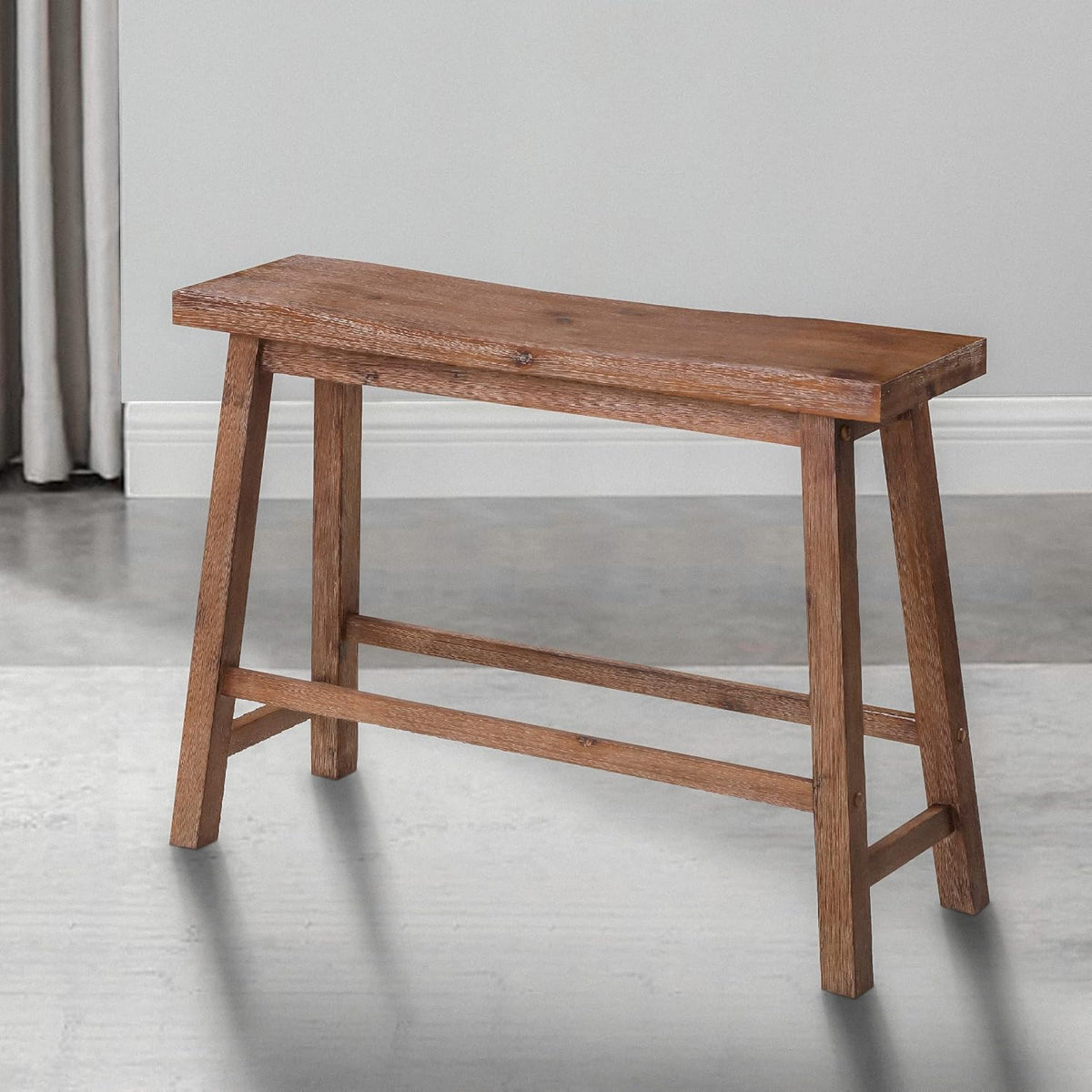 Benjara 33 Inch Saddle Seat Bench, Sandblasted Antique Brown Acacia Wood, Angled Frame Design, Rustic Entryway Bench for Dining Room, Bedroom, Hallway, Living Room and Home Decor