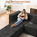 MONVANE 130'' Modular Sectional Cloud Couch for Living Room, 6 Seater Convertible Chenille Couches Set with Ottoman & Pillow, No Assembly Compression Sofas, Comfy Floor Sofa with Memory Foam, Black