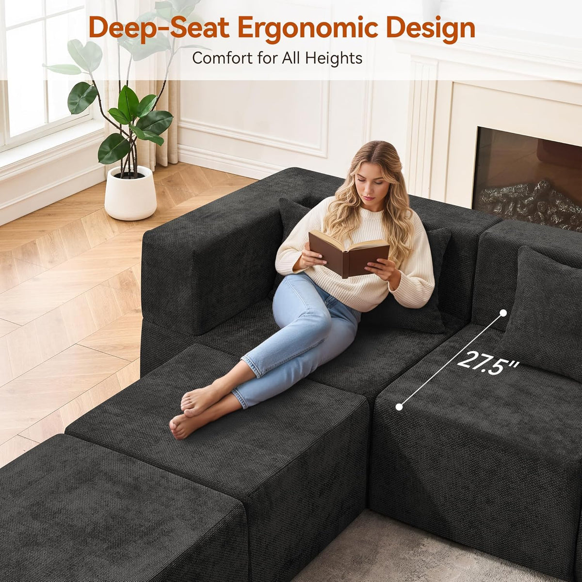 MONVANE 130'' Modular Sectional Cloud Couch for Living Room, 6 Seater Convertible Chenille Couches Set with Ottoman & Pillow, No Assembly Compression Sofas, Comfy Floor Sofa with Memory Foam, Black