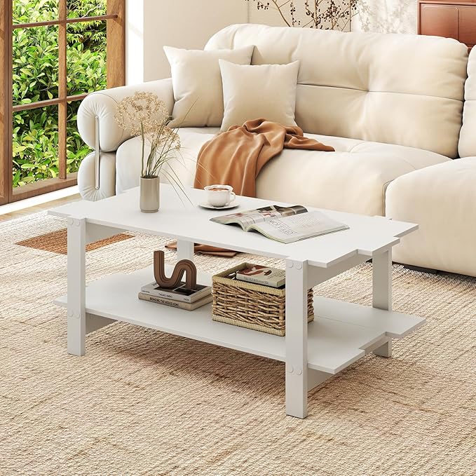 GOFLAME Wood Coffee Table with Storage, 2-Tier Irregular Center Table with Open Storage Shelf, Modern Accent Tea Table for Living Room, Home Office, Reception Room (White)