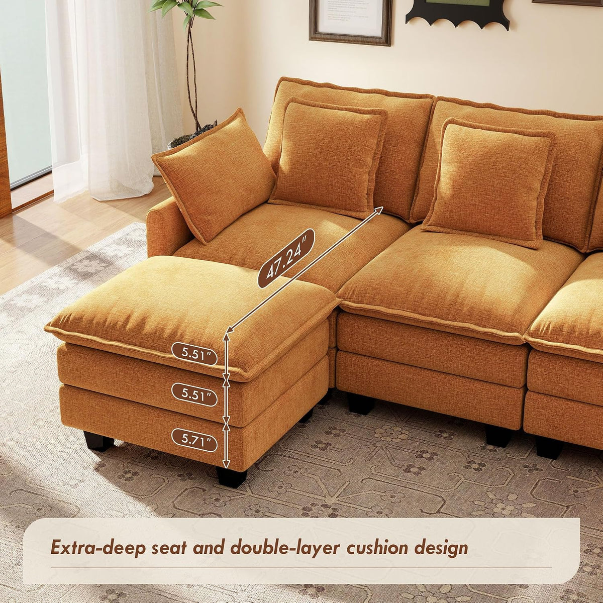 Ihanherry 107" Modular Sectional Cloud Sofa, U Shaped 6 Seat Chenille Couch with Movable Ottoman and 48" Deep Seat, Convertible Couches for Living Room, Orange