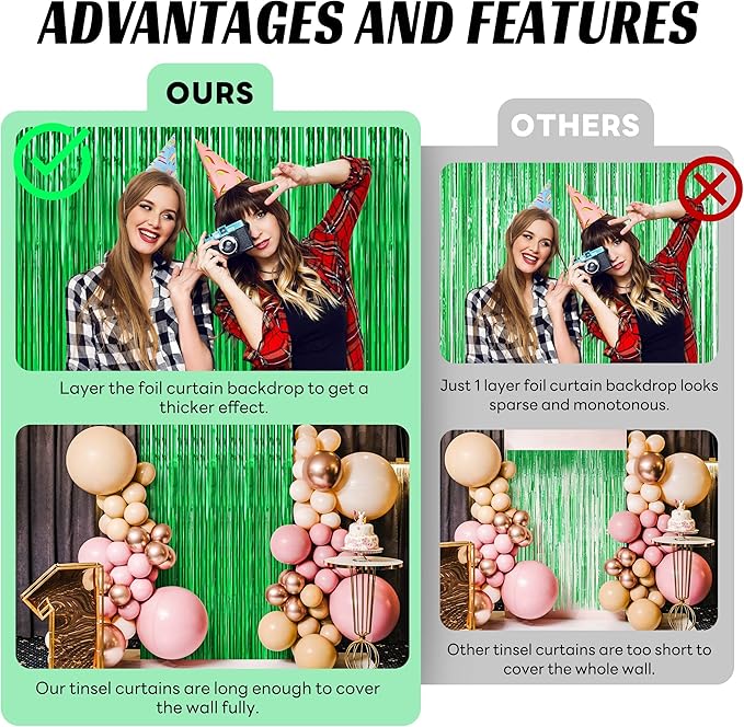 BTSD-home Green Foil Fringe Curtain, Metallic Photo Booth Backdrop Tinsel Door Curtains for St Patricks Day Birthday Bridal Baby Shower Bachelorette Christmas Party Decorations(4 Pack, 8ft x 3ft)
