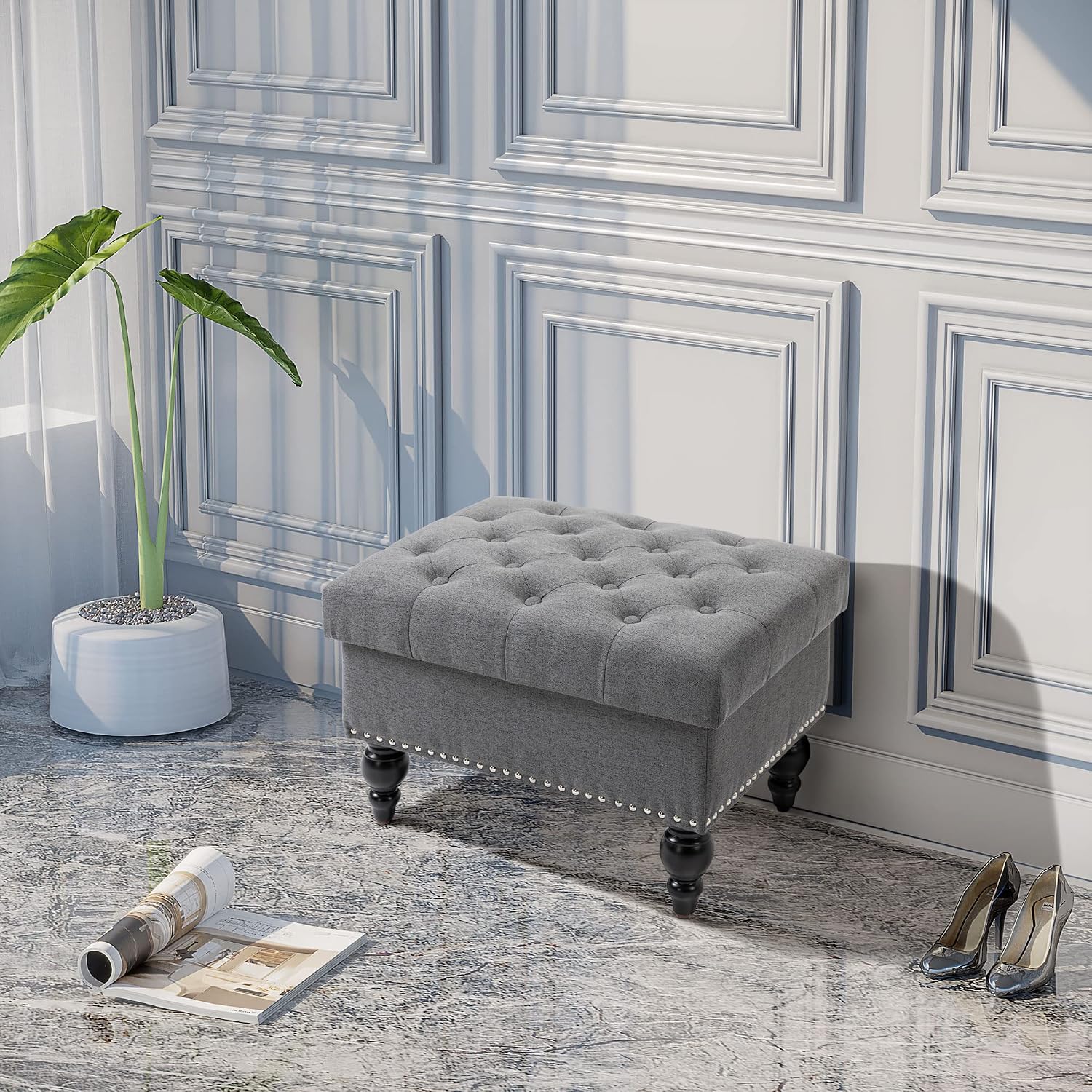 Versatile Upholstered Storage Ottoman with Tufted Lid and Nailhead Trim for Living Room, Bedroom or Entryway