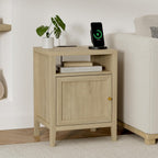 EYYTHUNG Farmhouse End Table with Charging Station Set of 2, Modern Nightstands with Storage and Open Shelf, Bedside Tables for Bedroom, Living Room, Light Oak